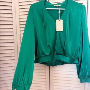 Emerald Green V-Neck Satin Blouse - Women Tops